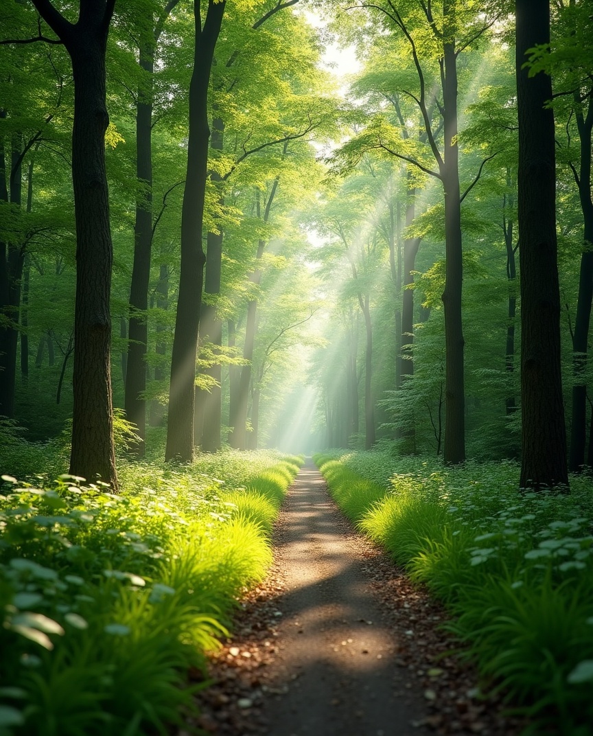 Chemin lumineux en forêt, symbole d'avenir, de direction et de protection