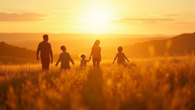 Famille dans un champ breton au coucher du soleil, horizon ouvert